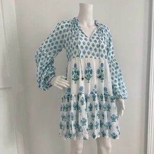 Oliphant White, Blue, and Green xsmall Balloon Sleeve Short Dress